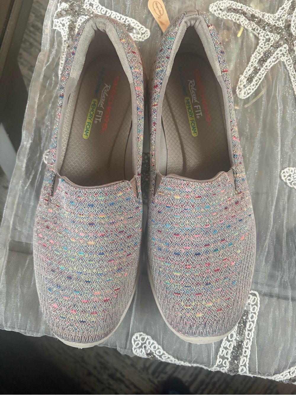 Skechers Slip-On Knit Flats in Gray with Multicolor Speckle